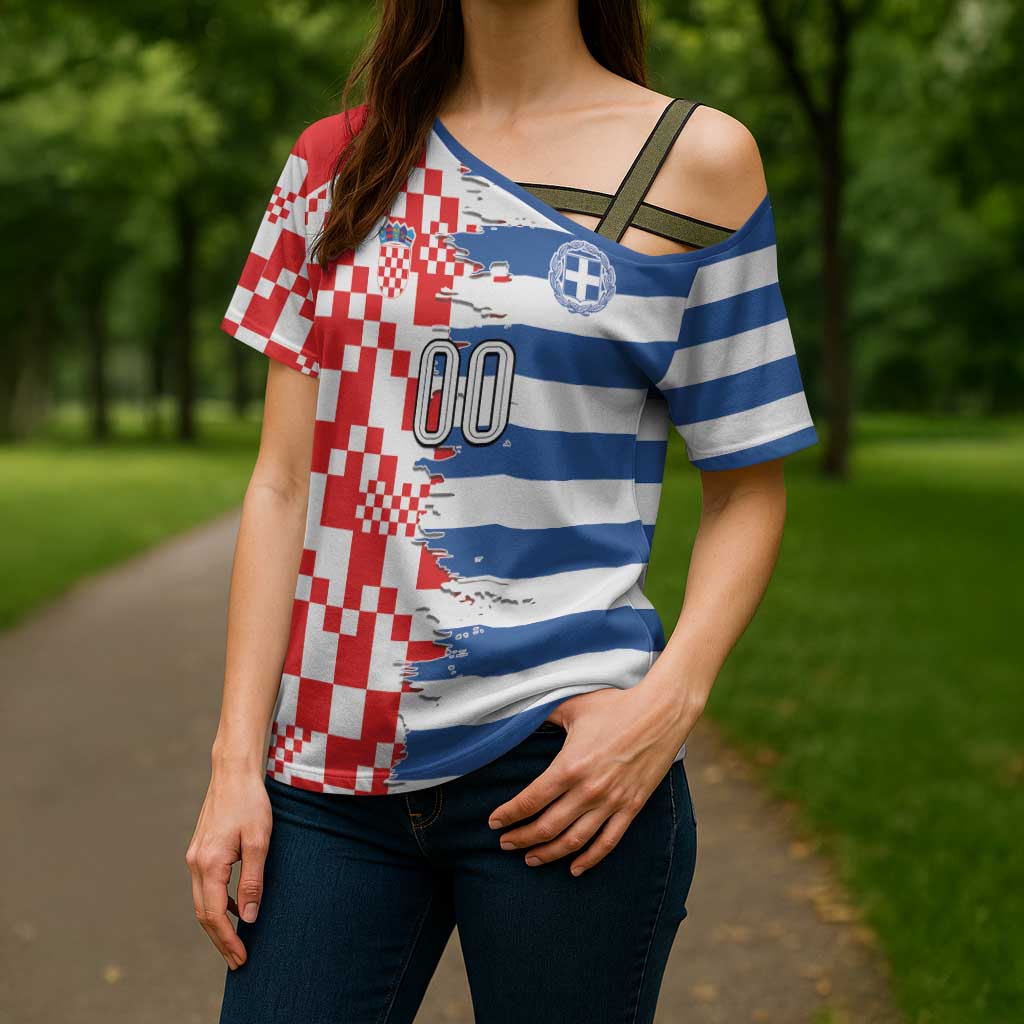 Custom Croatia Greece Cultural Half Flag Cross Shoulder Shirt Scratch Style
