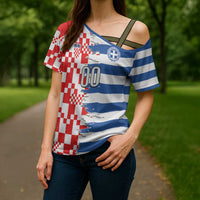 Custom Croatia Greece Cultural Half Flag Cross Shoulder Shirt Scratch Style