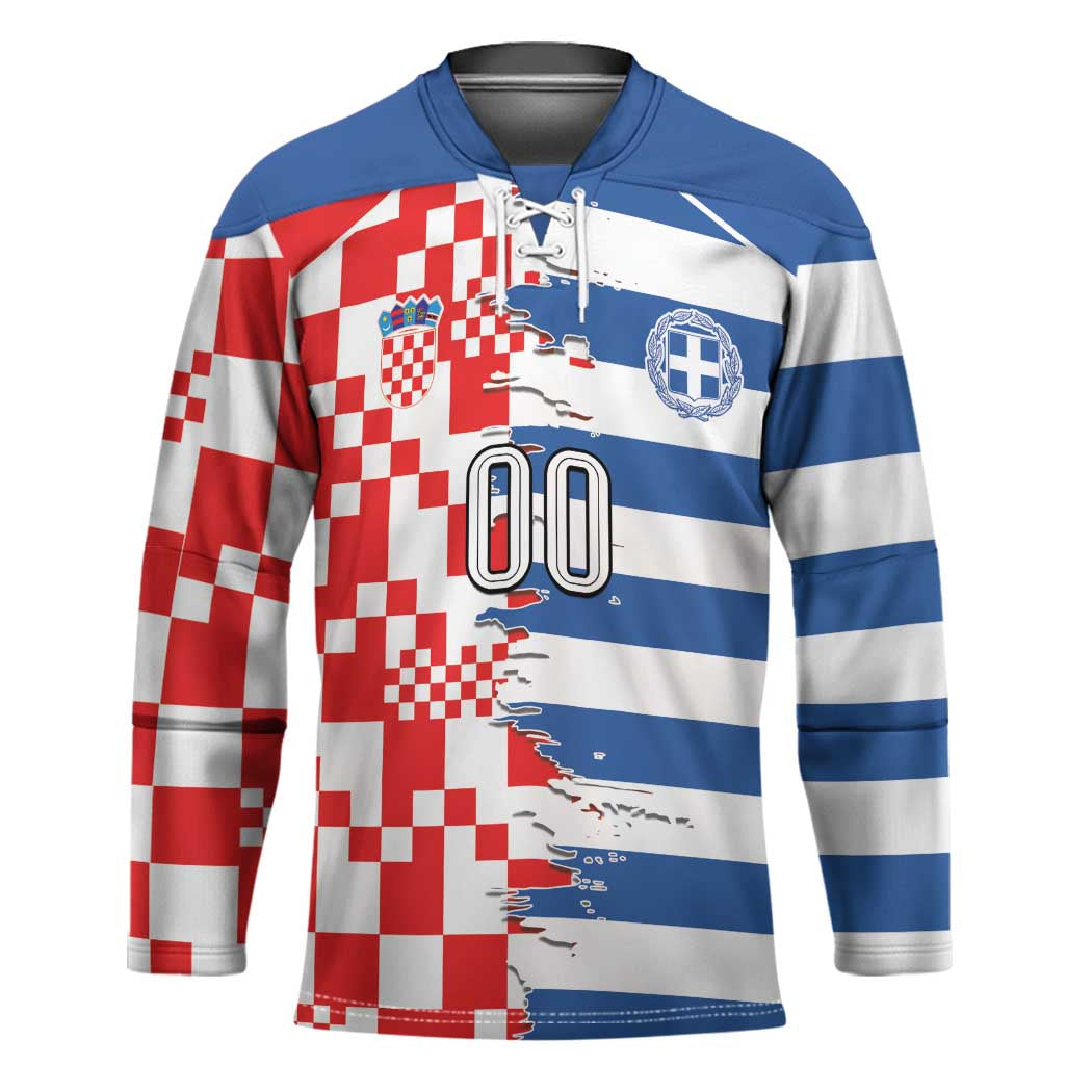Custom Croatia Greece Cultural Half Flag Hockey Jersey Scratch Style