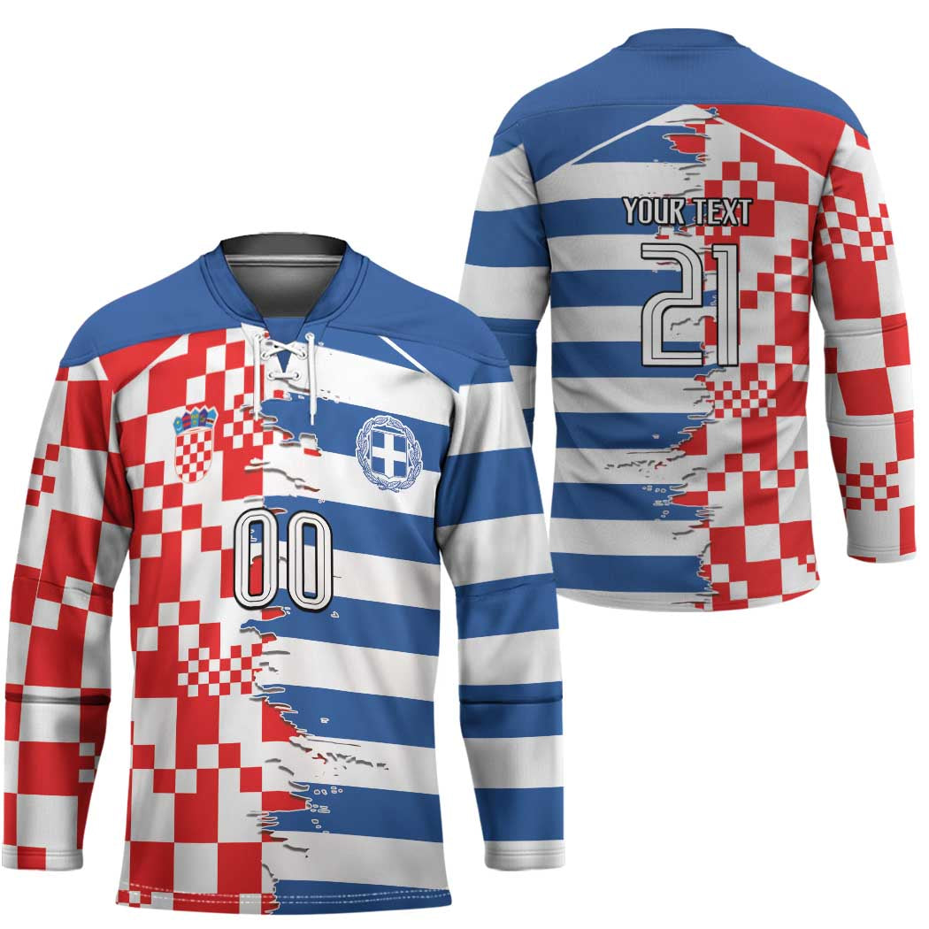 Custom Croatia Greece Cultural Half Flag Hockey Jersey Scratch Style
