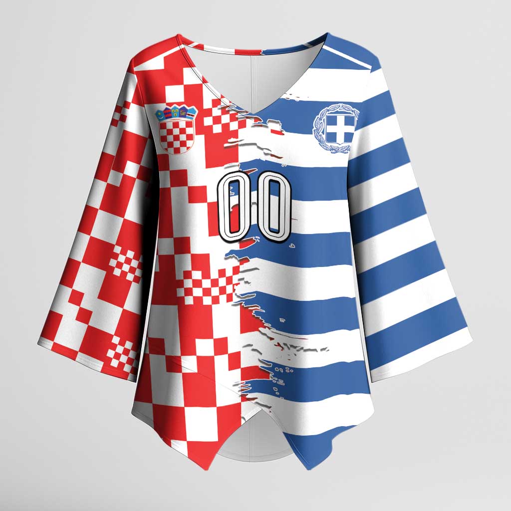Custom Croatia Greece Cultural Half Flag Kimono Sleeve Blouse Scratch Style