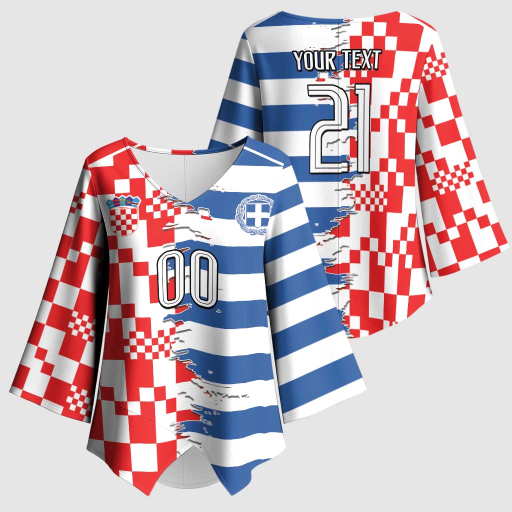 Custom Croatia Greece Cultural Half Flag Kimono Sleeve Blouse Scratch Style