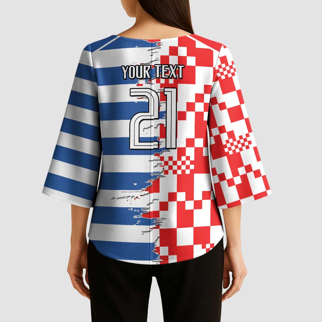 Custom Croatia Greece Cultural Half Flag Kimono Sleeve Blouse Scratch Style