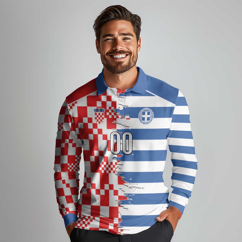 Custom Croatia Greece Cultural Half Flag Long Sleeve Polo Shirt Scratch Style