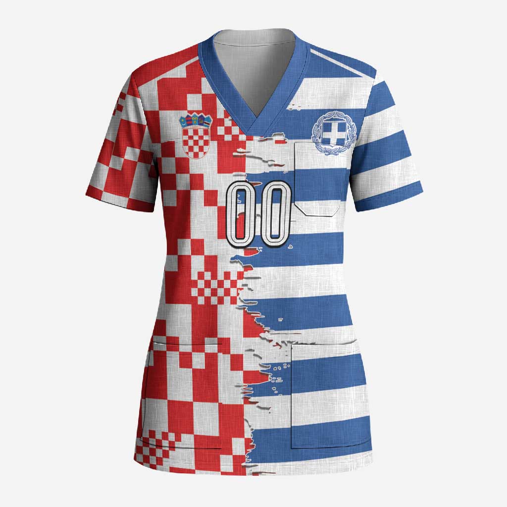 Custom Croatia Greece Cultural Half Flag Scrub Top Scratch Style