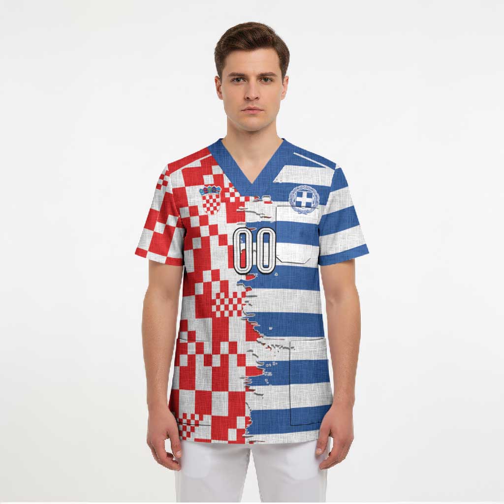 Custom Croatia Greece Cultural Half Flag Scrub Top Scratch Style