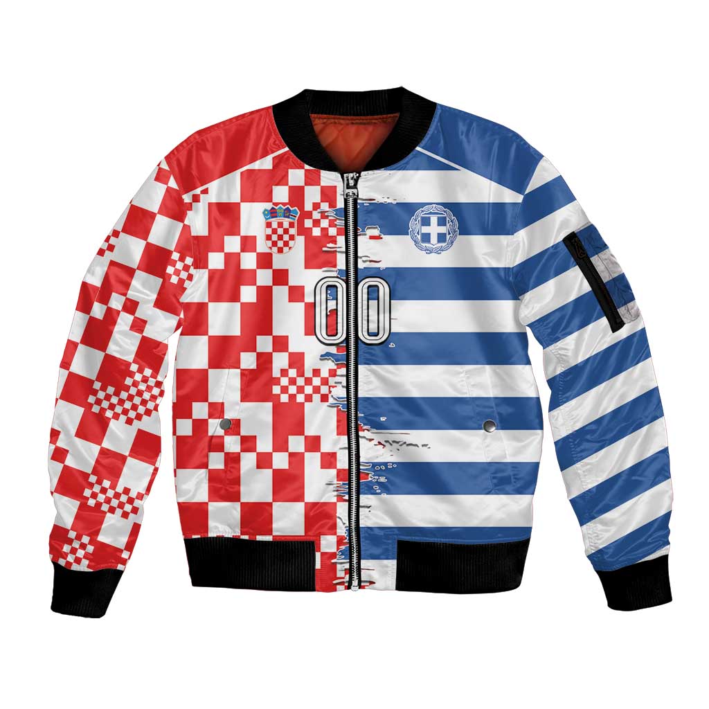 Custom Croatia Greece Cultural Half Flag Sleeve Zip Bomber Jacket Scratch Style