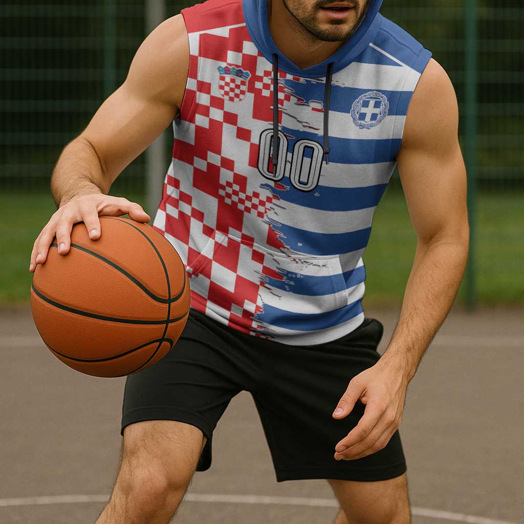 Custom Croatia Greece Cultural Half Flag Sleeveless Hoodie Scratch Style