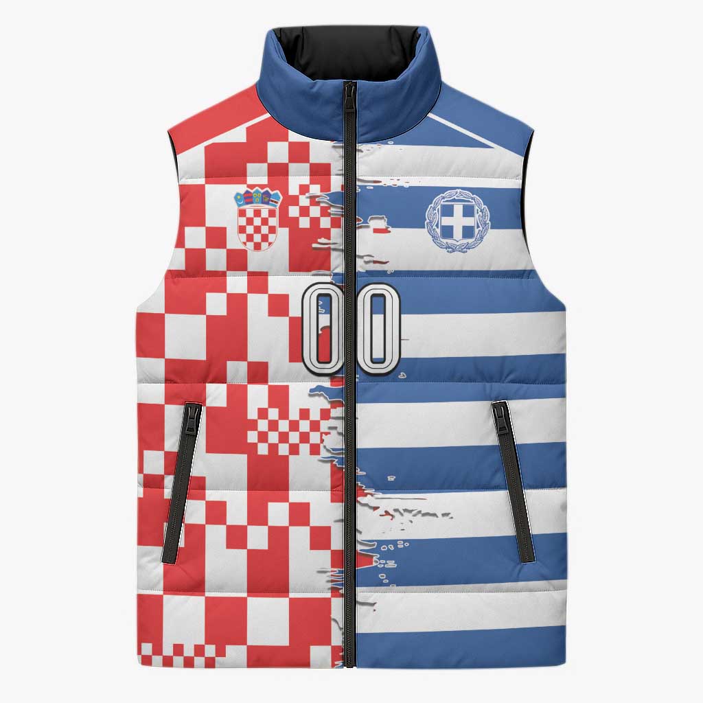 Custom Croatia Greece Cultural Half Flag Sleeveless Puffer Jacket Scratch Style