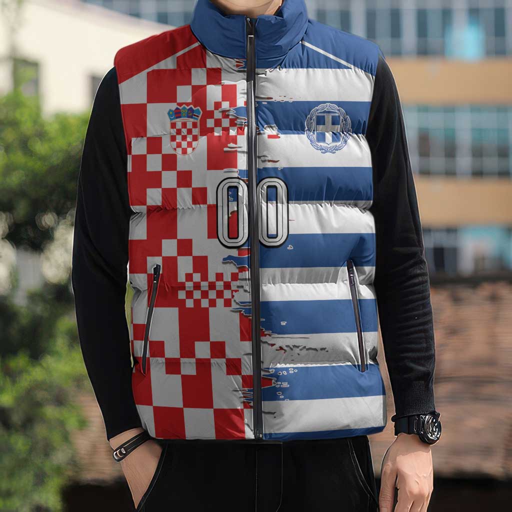 Custom Croatia Greece Cultural Half Flag Sleeveless Puffer Jacket Scratch Style