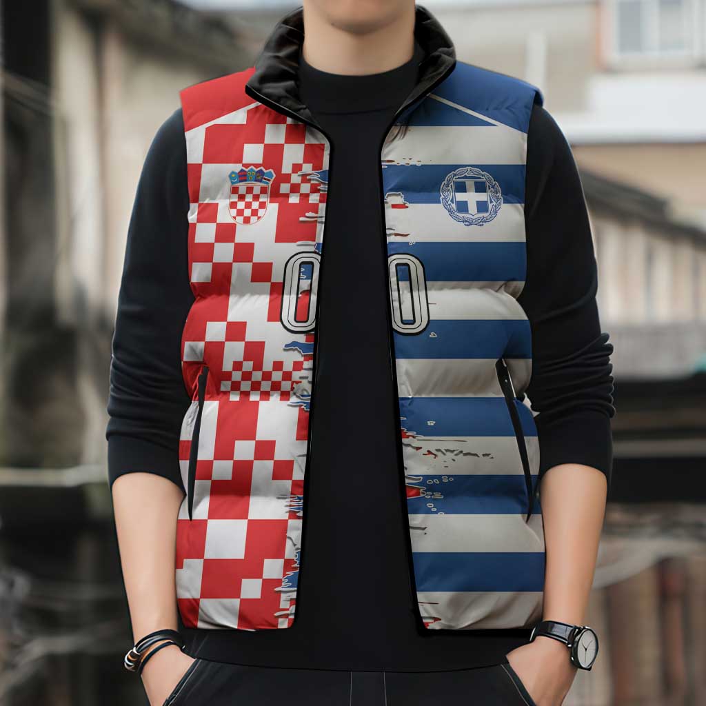 Custom Croatia Greece Cultural Half Flag Sleeveless Puffer Jacket Scratch Style