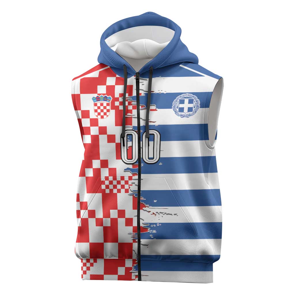 Custom Croatia Greece Cultural Half Flag Sleeveless Zip Hoodie Scratch Style