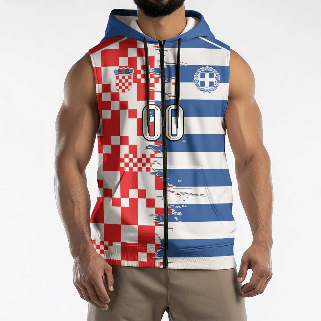 Custom Croatia Greece Cultural Half Flag Sleeveless Zip Hoodie Scratch Style