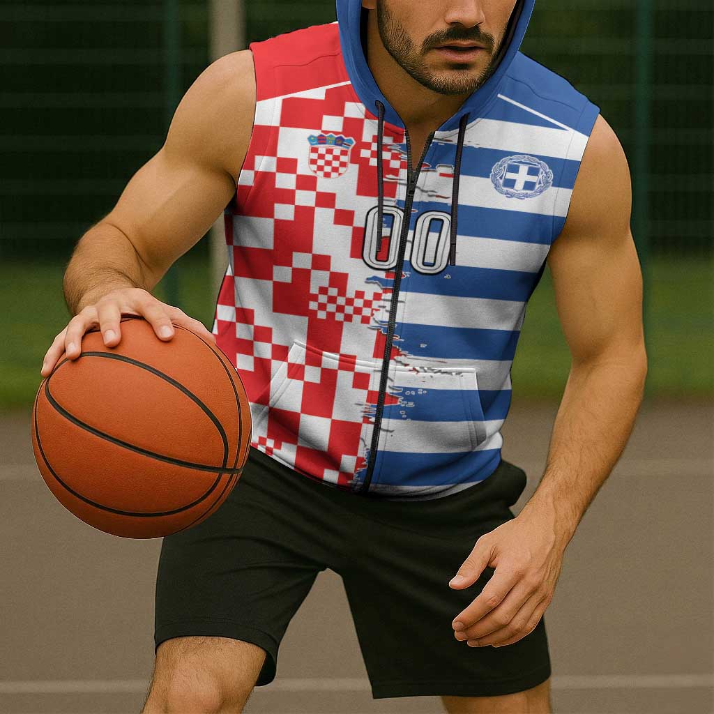 Custom Croatia Greece Cultural Half Flag Sleeveless Zip Hoodie Scratch Style