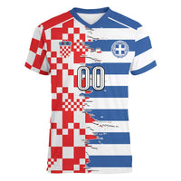 Custom Croatia Greece Cultural Half Flag Women V-Neck T-Shirt Scratch Style
