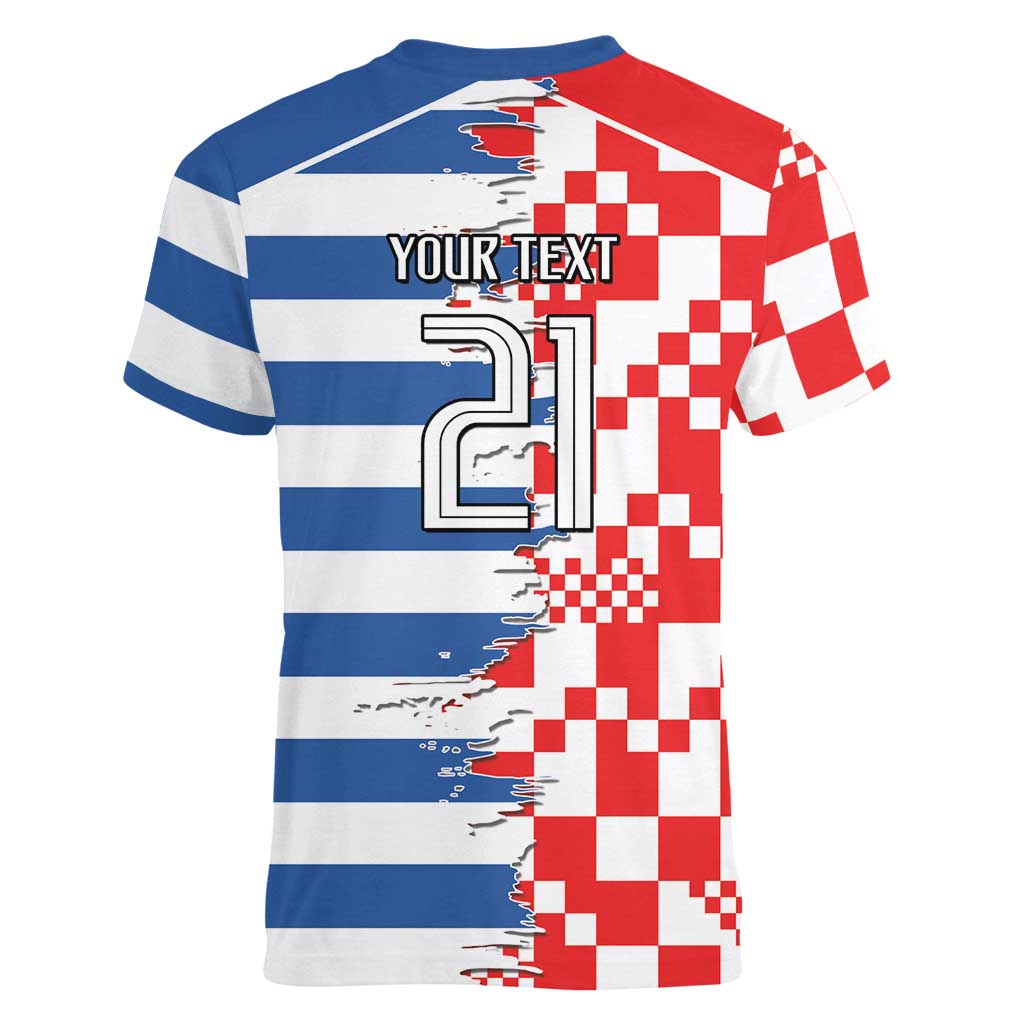 Custom Croatia Greece Cultural Half Flag Women V-Neck T-Shirt Scratch Style