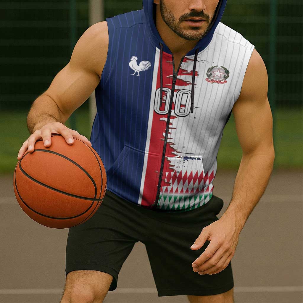 Custom France Italy Cultural Half Flag Sleeveless Zip Hoodie Scratch Style