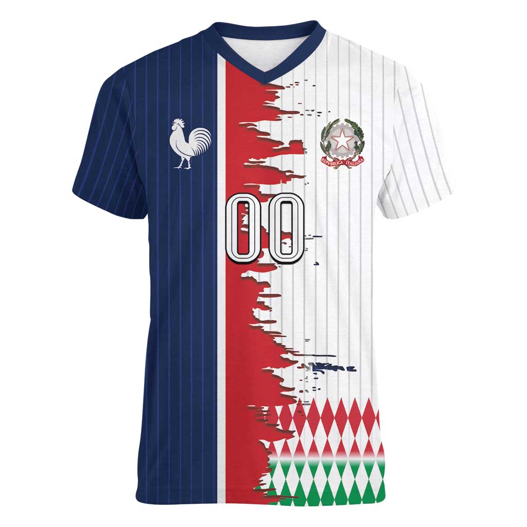 Custom France Italy Cultural Half Flag Women V-Neck T-Shirt Scratch Style