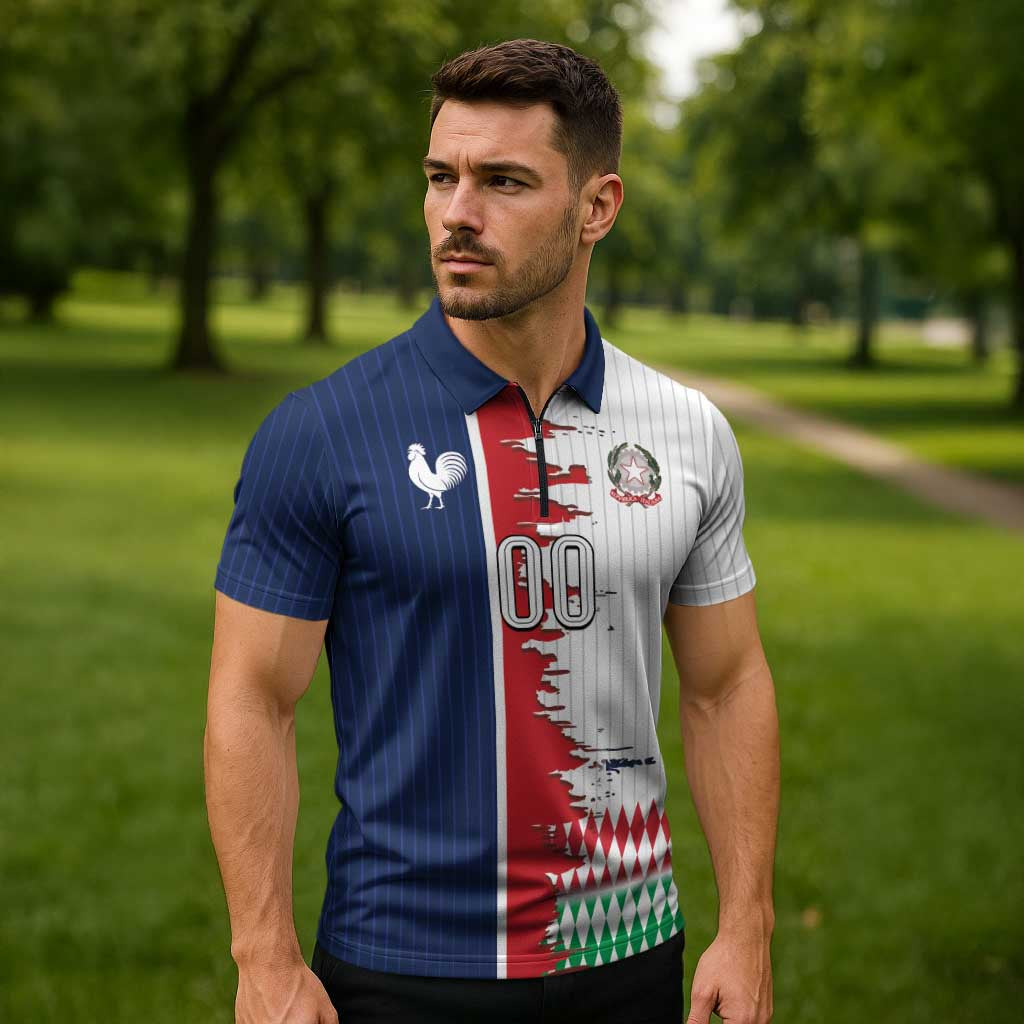 Custom France Italy Cultural Half Flag Zipper Polo Shirt Scratch Style