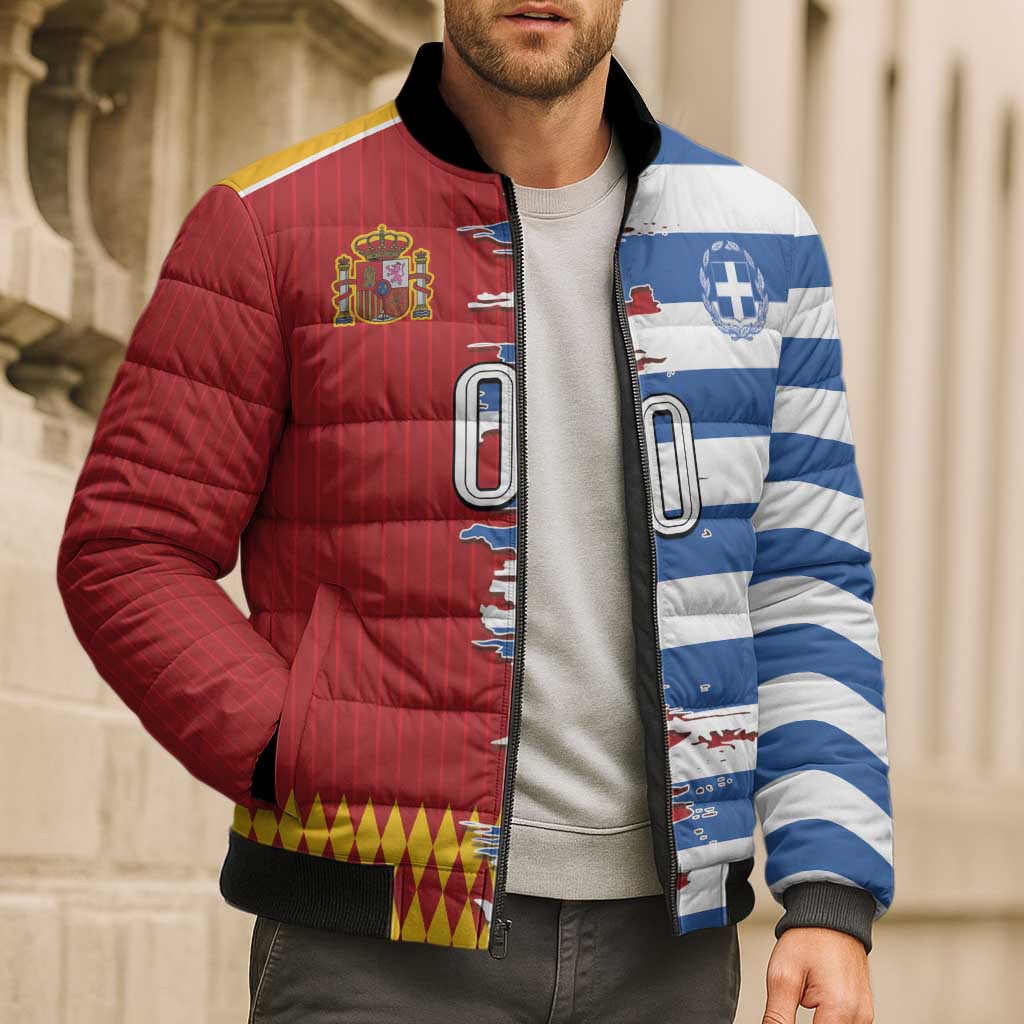 Custom Greece Spain Cultural Half Flag Bomber Puffer Jacket Scratch Style