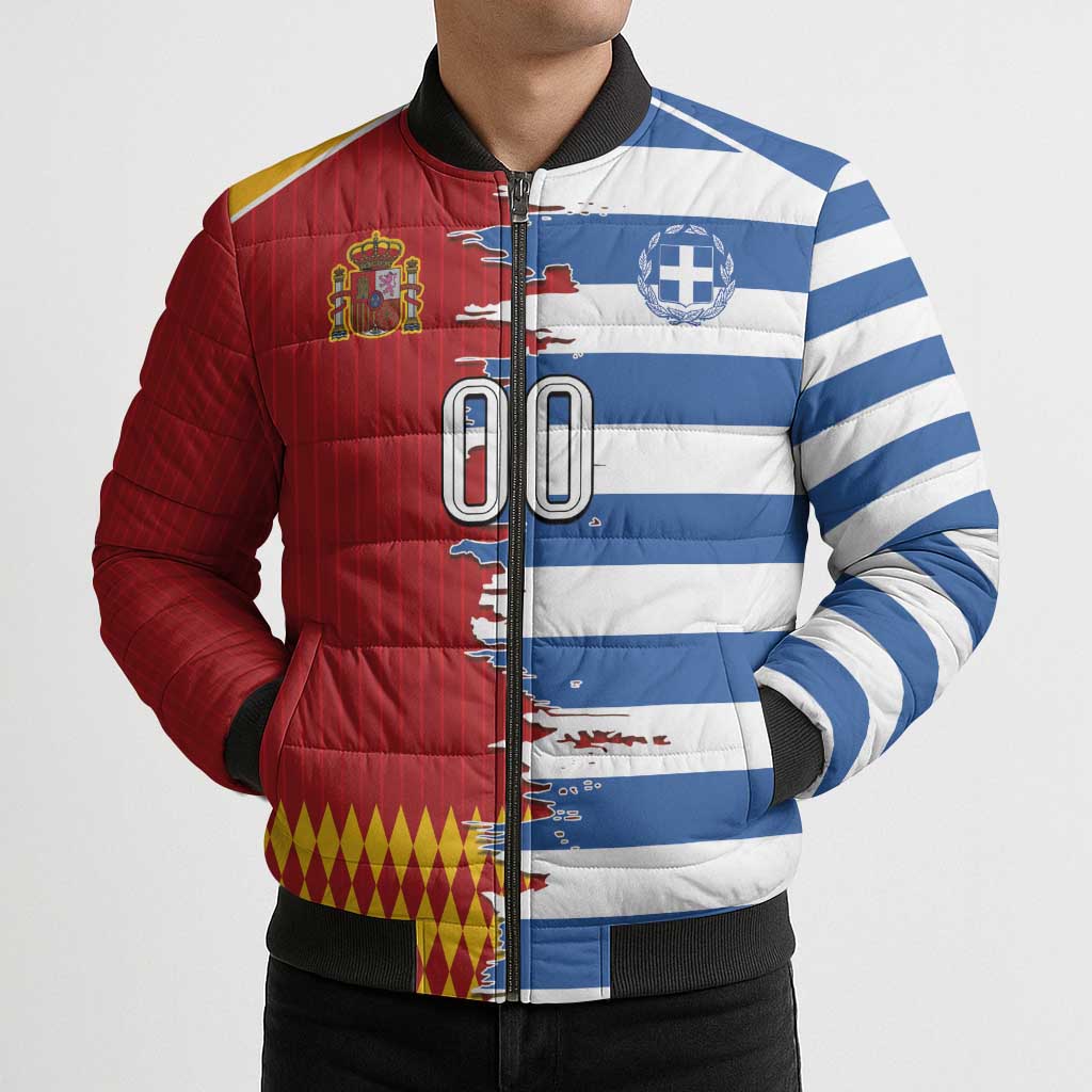 Custom Greece Spain Cultural Half Flag Bomber Puffer Jacket Scratch Style