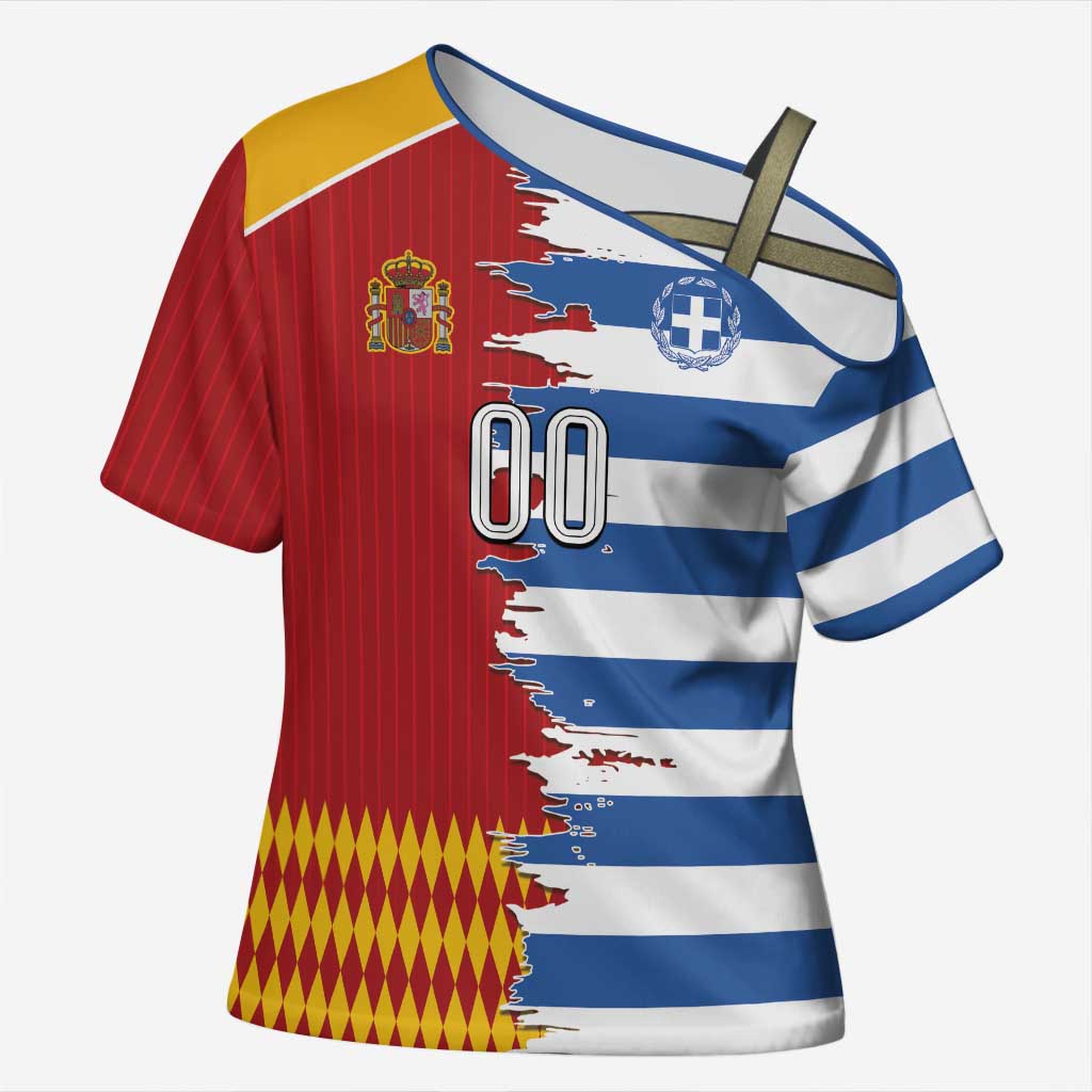 Custom Greece Spain Cultural Half Flag Cross Shoulder Shirt Scratch Style