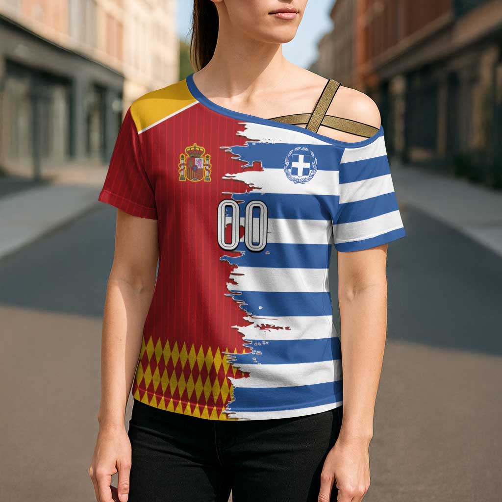 Custom Greece Spain Cultural Half Flag Cross Shoulder Shirt Scratch Style