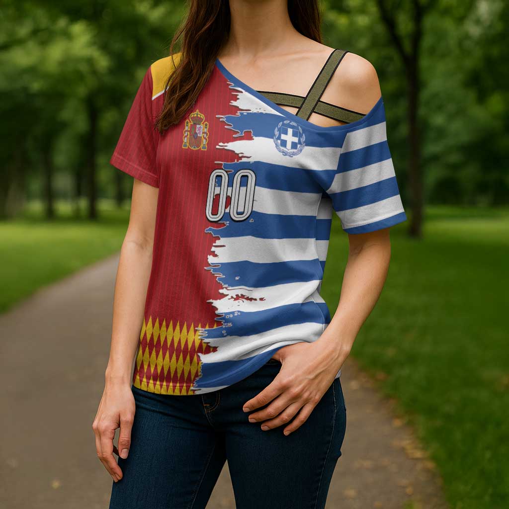 Custom Greece Spain Cultural Half Flag Cross Shoulder Shirt Scratch Style