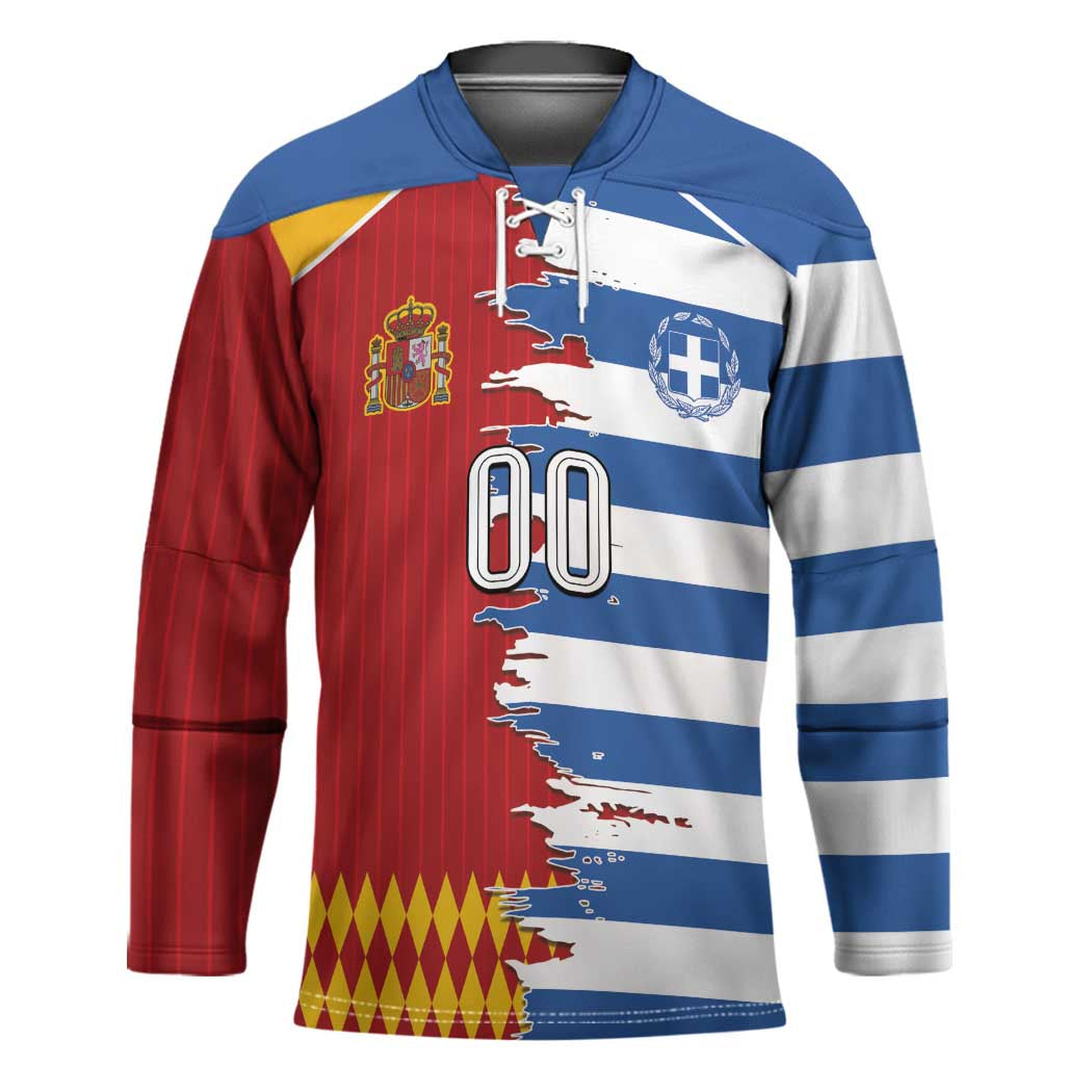Custom Greece Spain Cultural Half Flag Hockey Jersey Scratch Style
