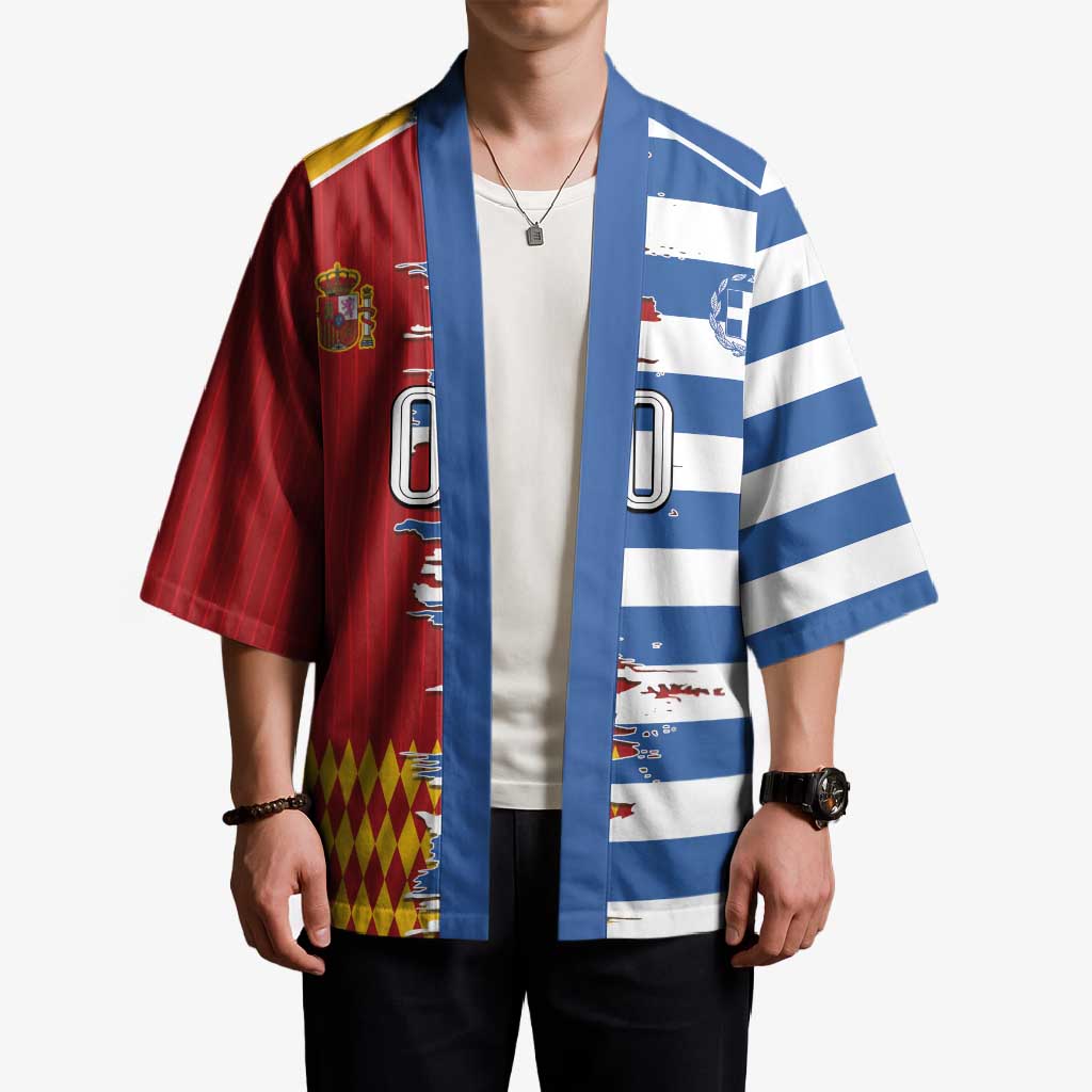 Custom Greece Spain Cultural Half Flag Kimono Scratch Style