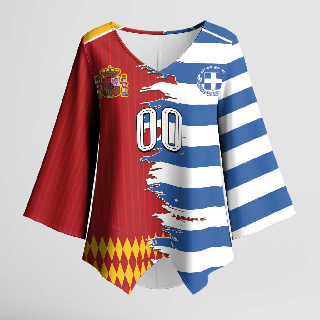 Custom Greece Spain Cultural Half Flag Kimono Sleeve Blouse Scratch Style