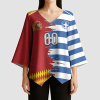 Custom Greece Spain Cultural Half Flag Kimono Sleeve Blouse Scratch Style