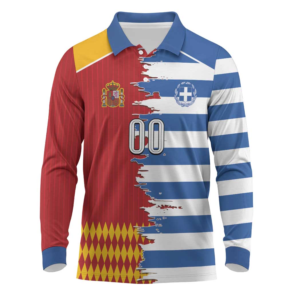Custom Greece Spain Cultural Half Flag Long Sleeve Polo Shirt Scratch Style