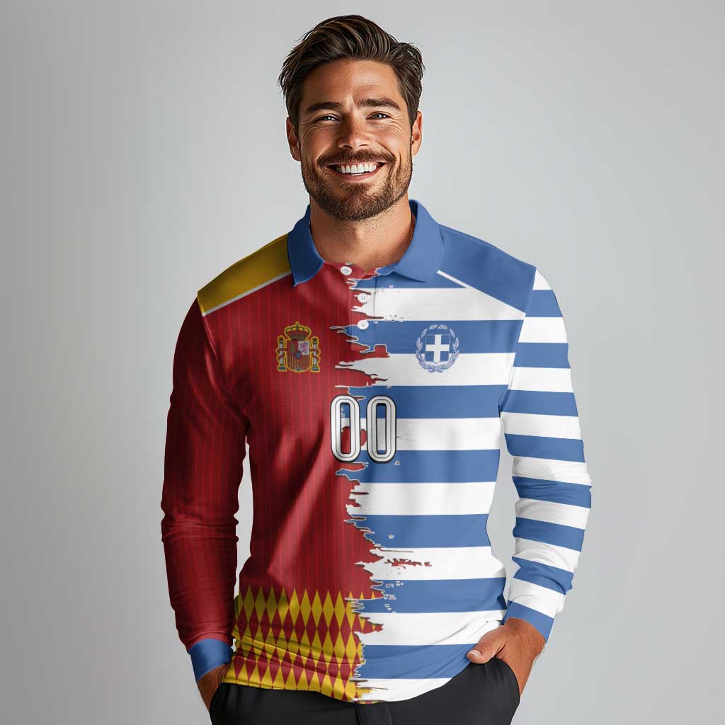 Custom Greece Spain Cultural Half Flag Long Sleeve Polo Shirt Scratch Style