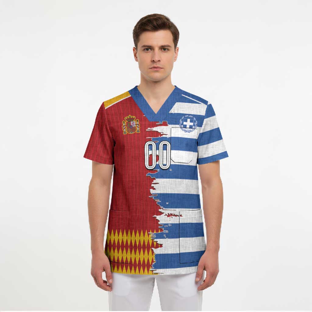 Custom Greece Spain Cultural Half Flag Scrub Top Scratch Style