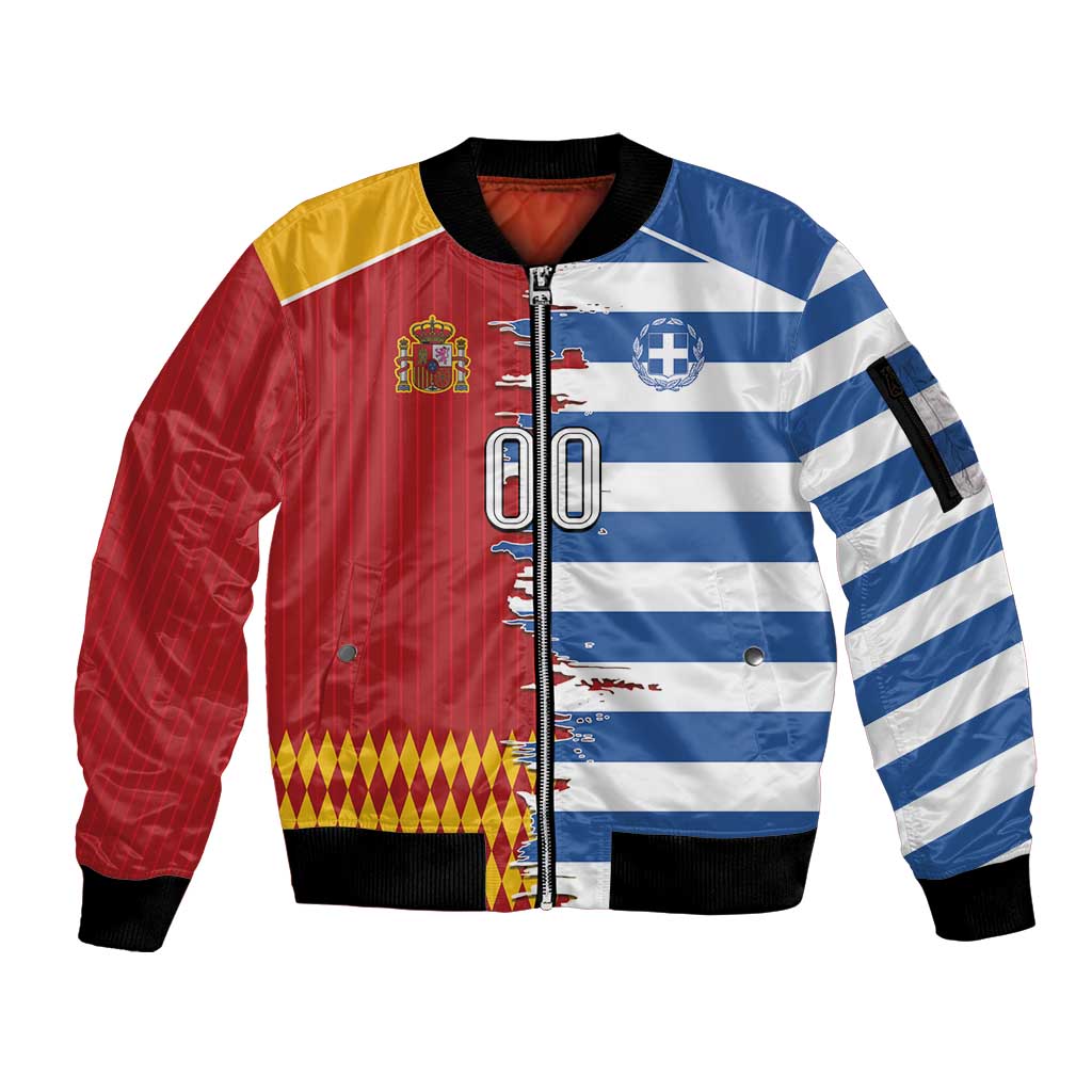 Custom Greece Spain Cultural Half Flag Sleeve Zip Bomber Jacket Scratch Style