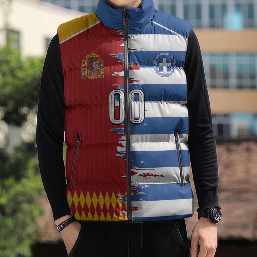 Custom Greece Spain Cultural Half Flag Sleeveless Puffer Jacket Scratch Style