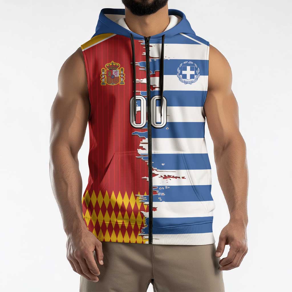 Custom Greece Spain Cultural Half Flag Sleeveless Zip Hoodie Scratch Style