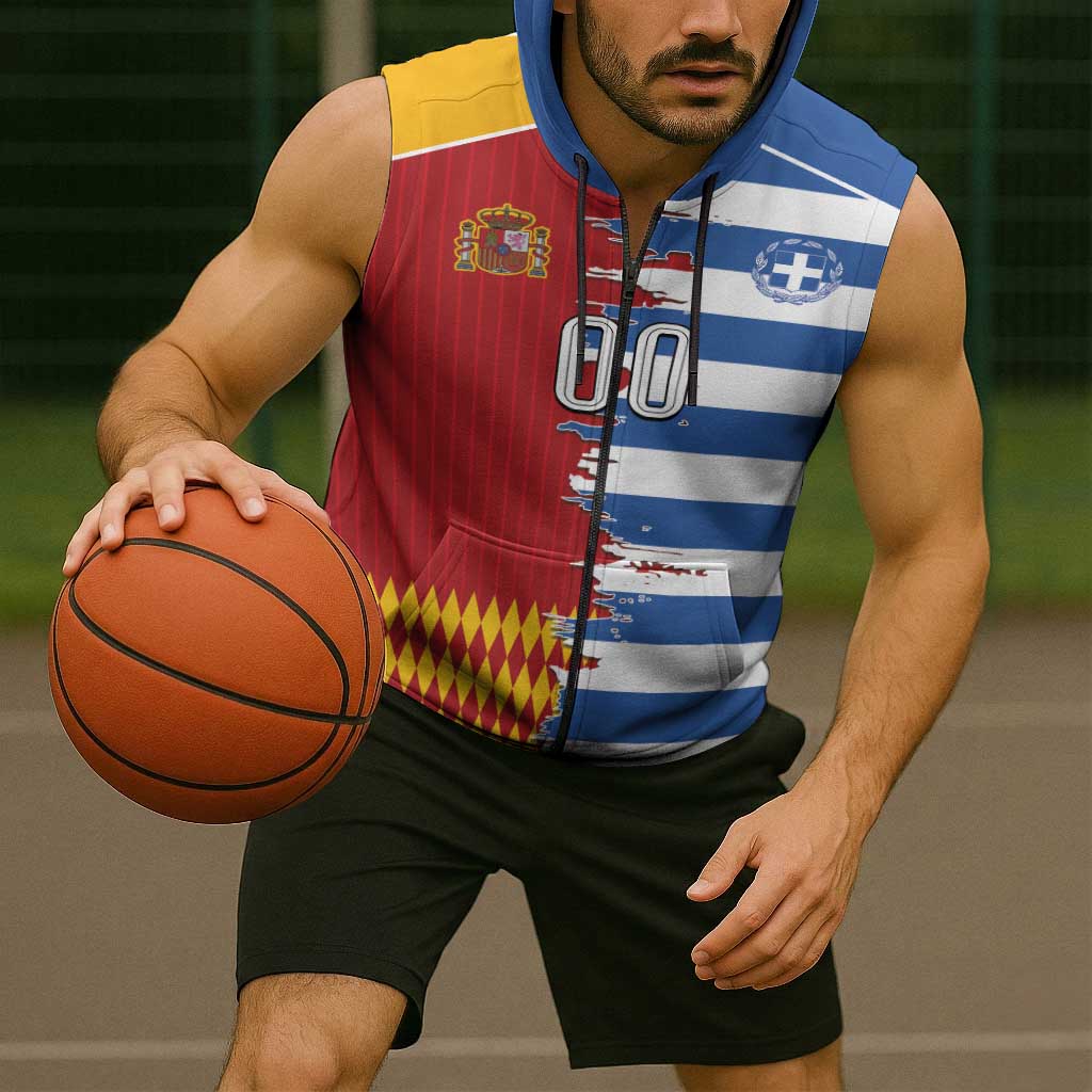 Custom Greece Spain Cultural Half Flag Sleeveless Zip Hoodie Scratch Style