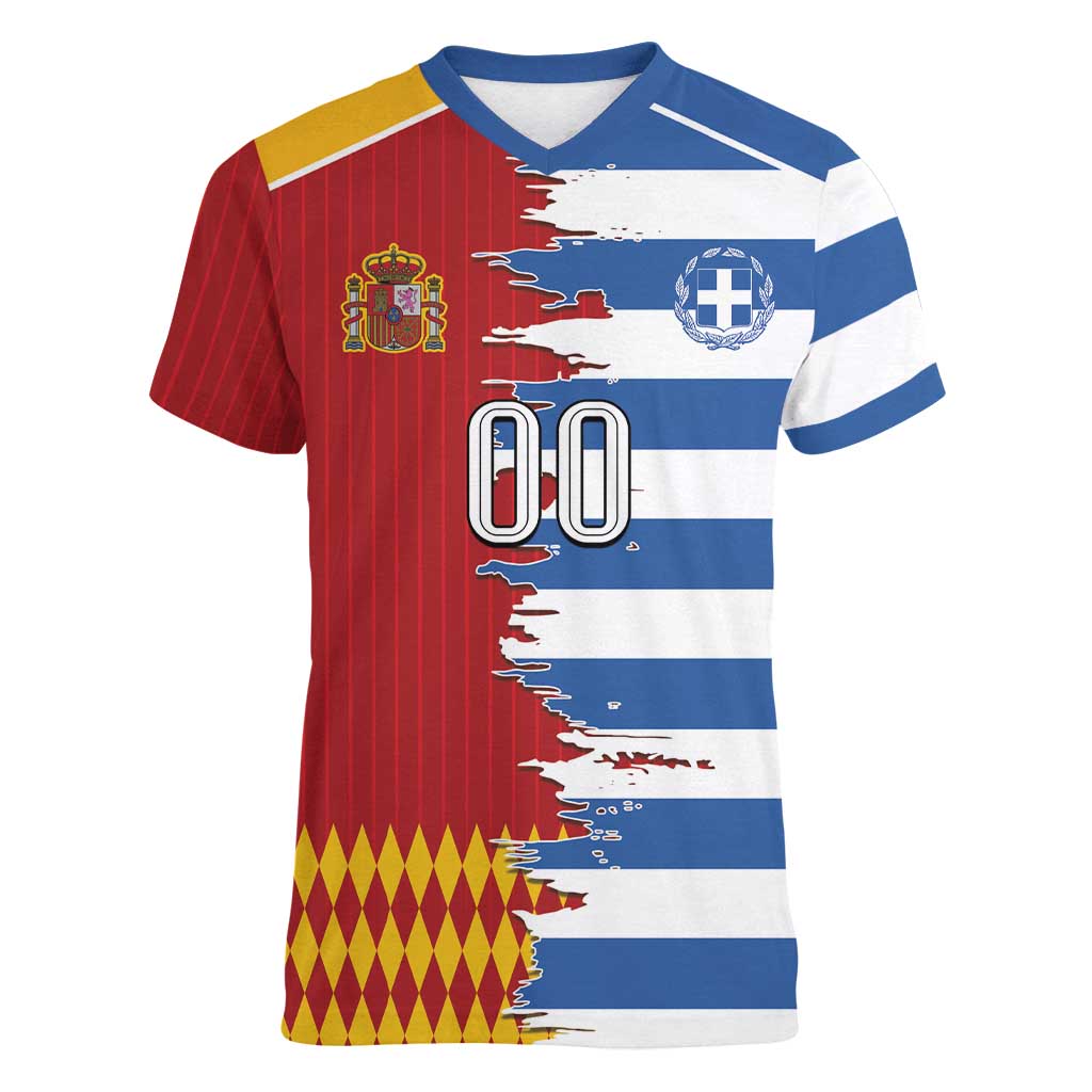Custom Greece Spain Cultural Half Flag Women V-Neck T-Shirt Scratch Style