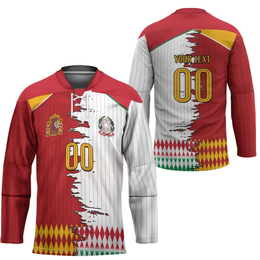 Custom Italy Spain Cultural Half Flag Hockey Jersey Scratch Style