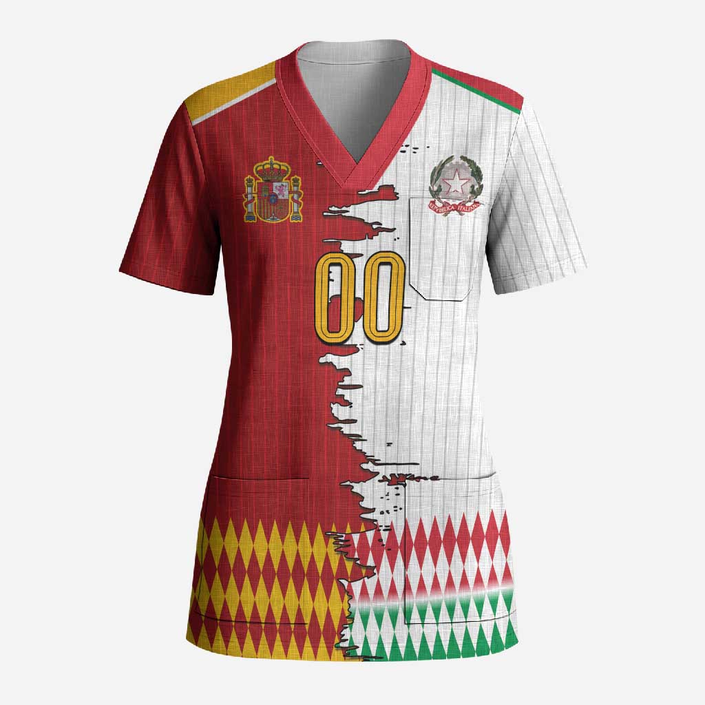 Custom Italy Spain Cultural Half Flag Scrub Top Scratch Style