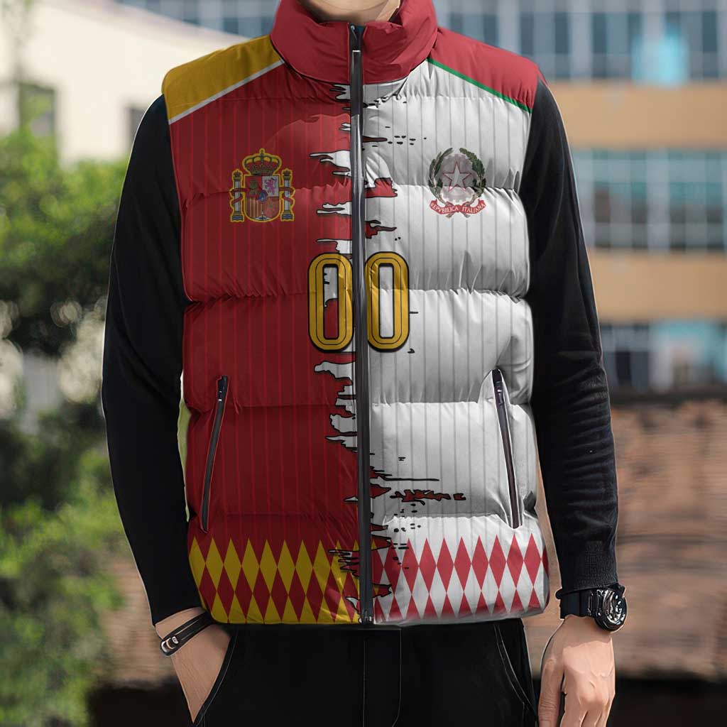 Custom Italy Spain Cultural Half Flag Sleeveless Puffer Jacket Scratch Style