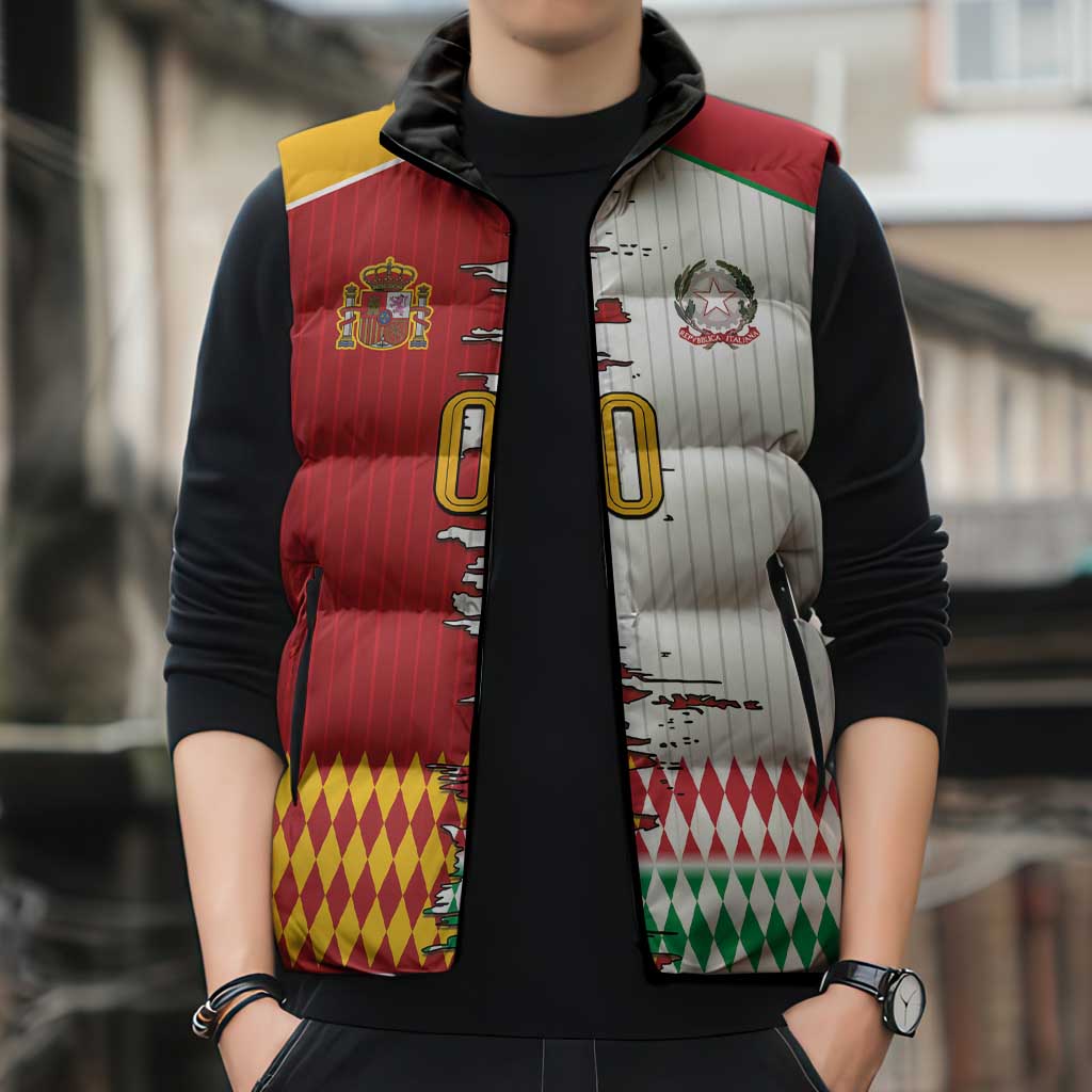 Custom Italy Spain Cultural Half Flag Sleeveless Puffer Jacket Scratch Style