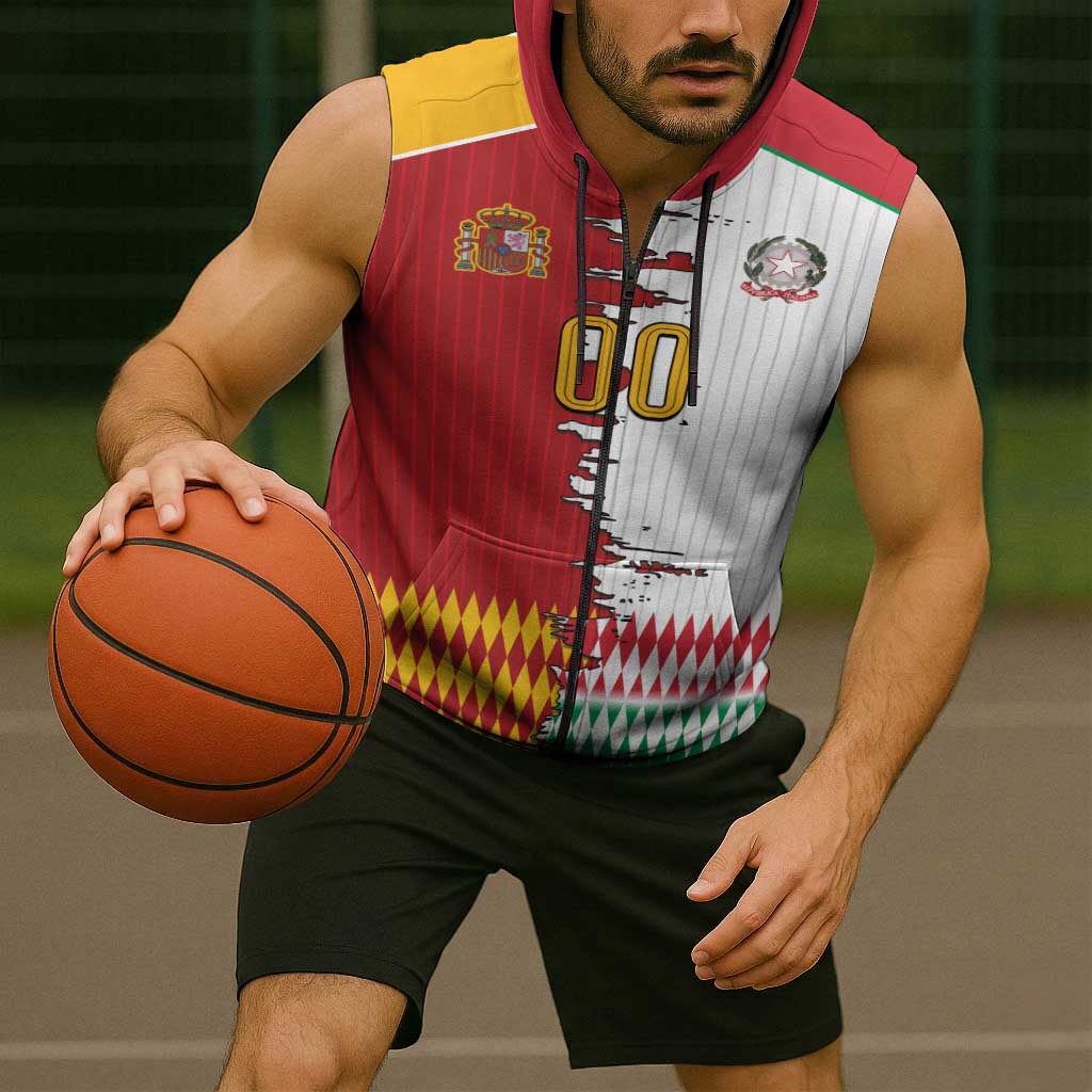 Custom Italy Spain Cultural Half Flag Sleeveless Zip Hoodie Scratch Style