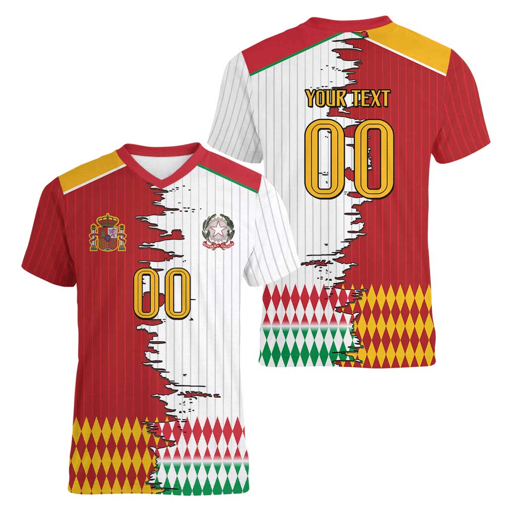 Custom Italy Spain Cultural Half Flag Women V-Neck T-Shirt Scratch Style
