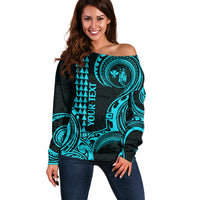 Custom Hawaii Off Shoulder Sweater Paradise of the Pacific Tribal Kakau for King Kamehameha Day - Aqua - Wonder Print Shop