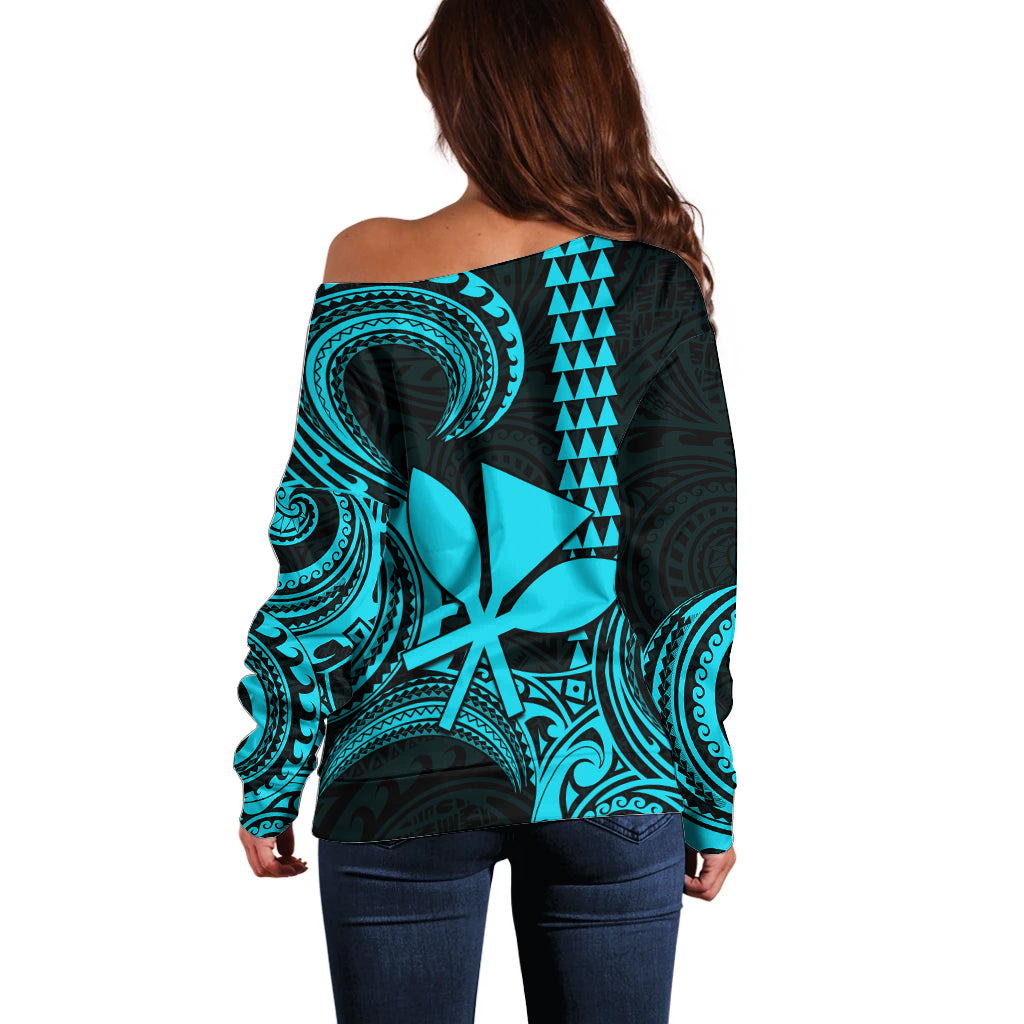 Custom Hawaii Off Shoulder Sweater Paradise of the Pacific Tribal Kakau for King Kamehameha Day - Aqua - Wonder Print Shop