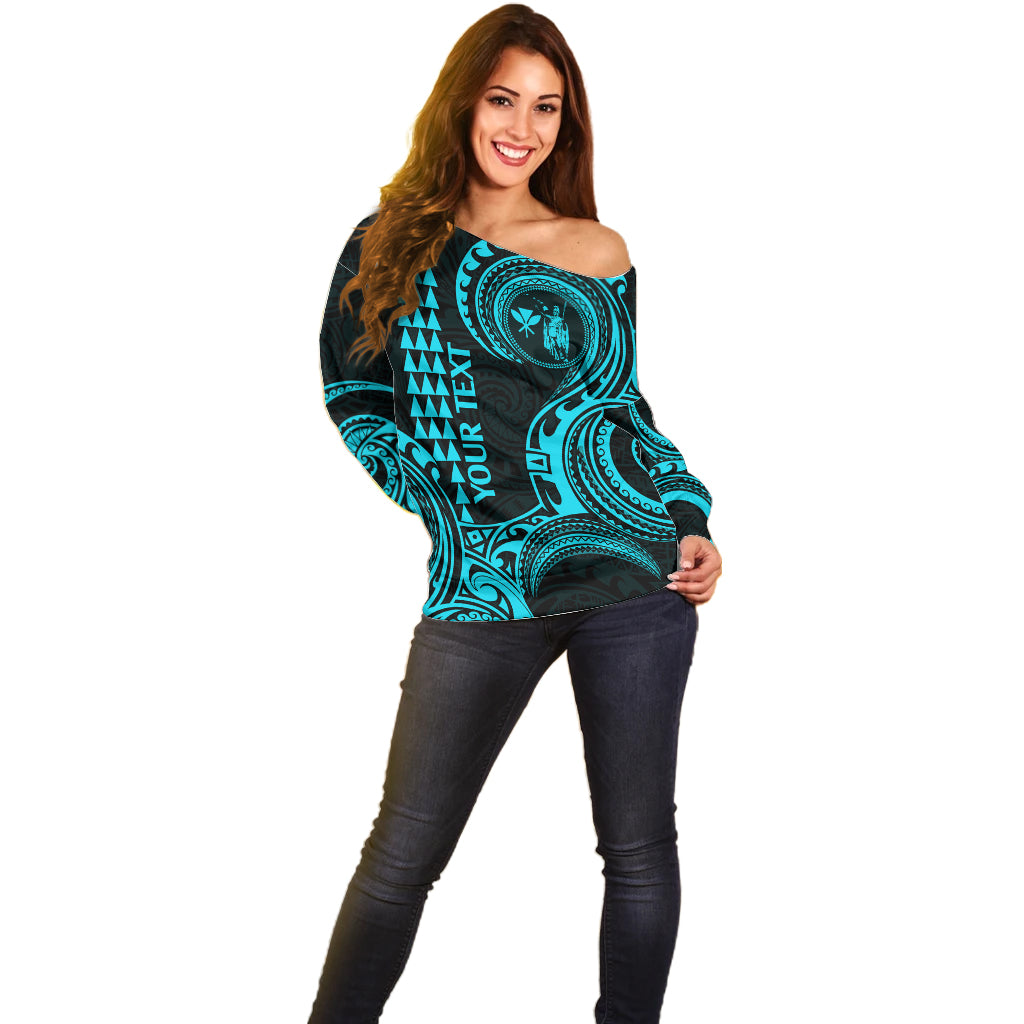 Custom Hawaii Off Shoulder Sweater Paradise of the Pacific Tribal Kakau for King Kamehameha Day - Aqua - Wonder Print Shop