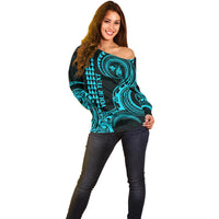 Custom Hawaii Off Shoulder Sweater Paradise of the Pacific Tribal Kakau for King Kamehameha Day - Aqua - Wonder Print Shop